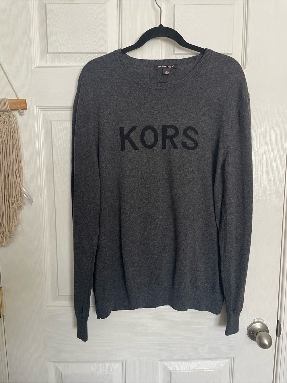 Michael Kors Wool Blend Men's L/XL Charcoal Gray KORS Logo Crewneck Sweater